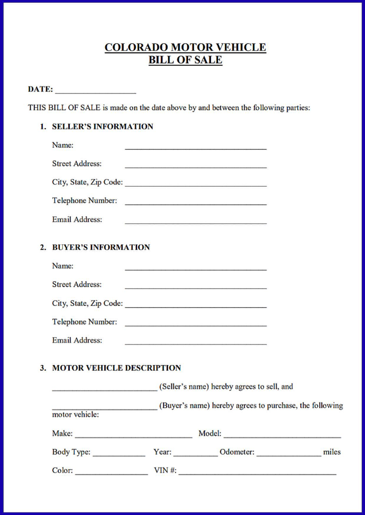 Colorado Motor Vehicle Bill of Sale