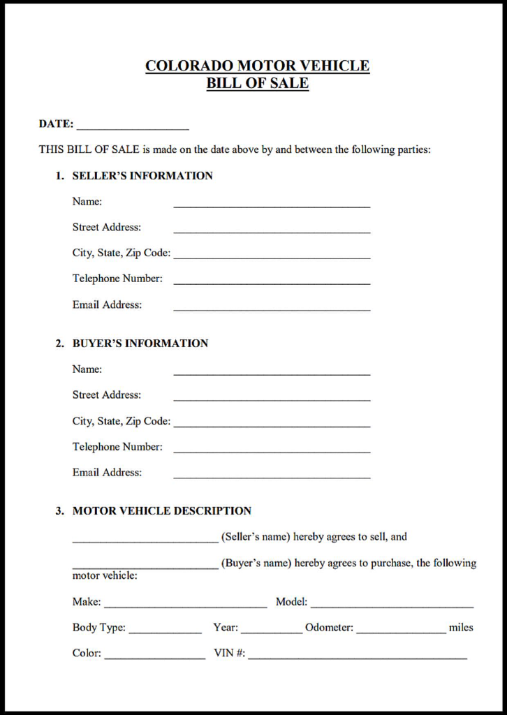 Colorado Motor Vehicle Bill of Sale Form