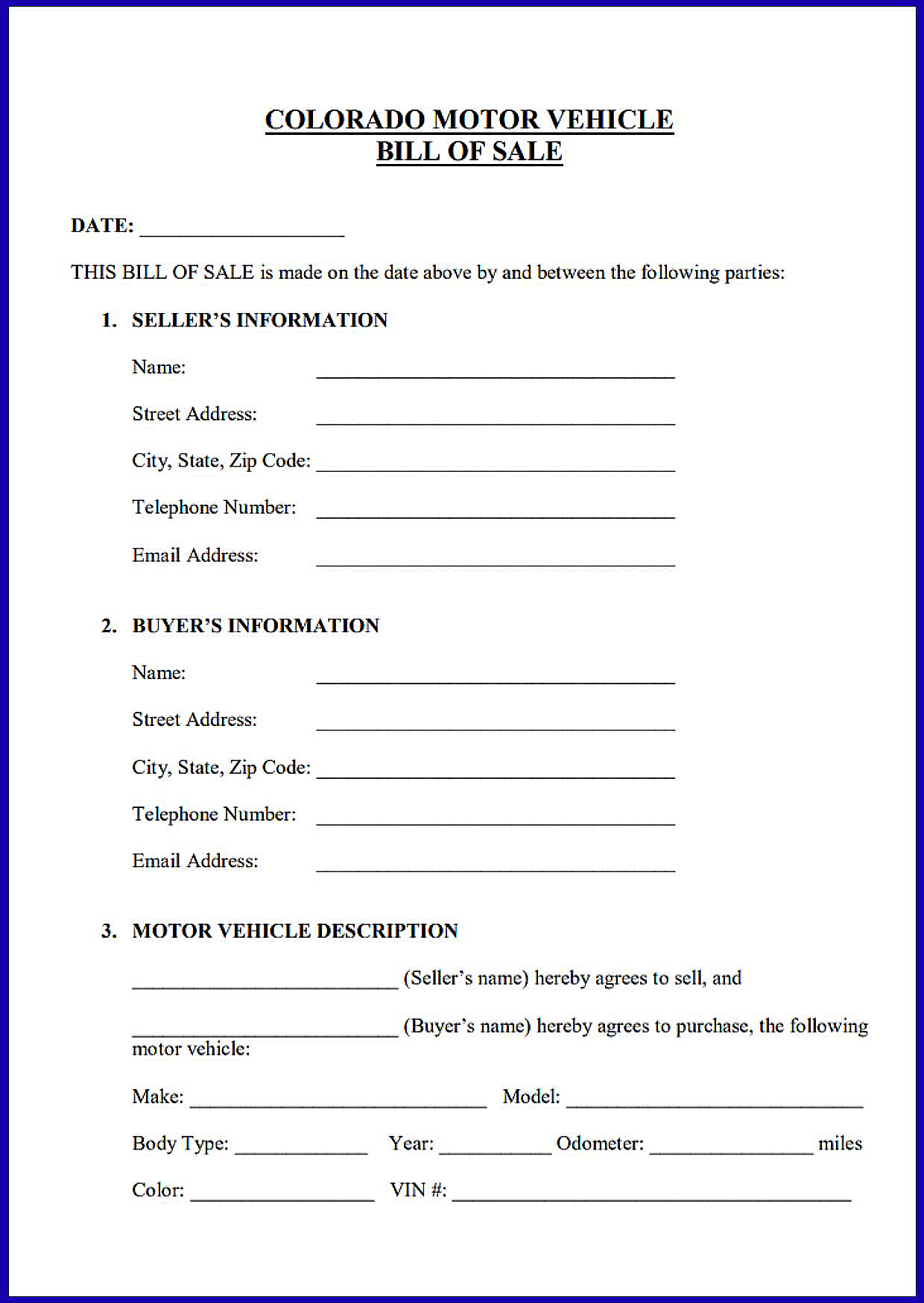 Colorado Motor Vehicle Bill of Sale Templates Download