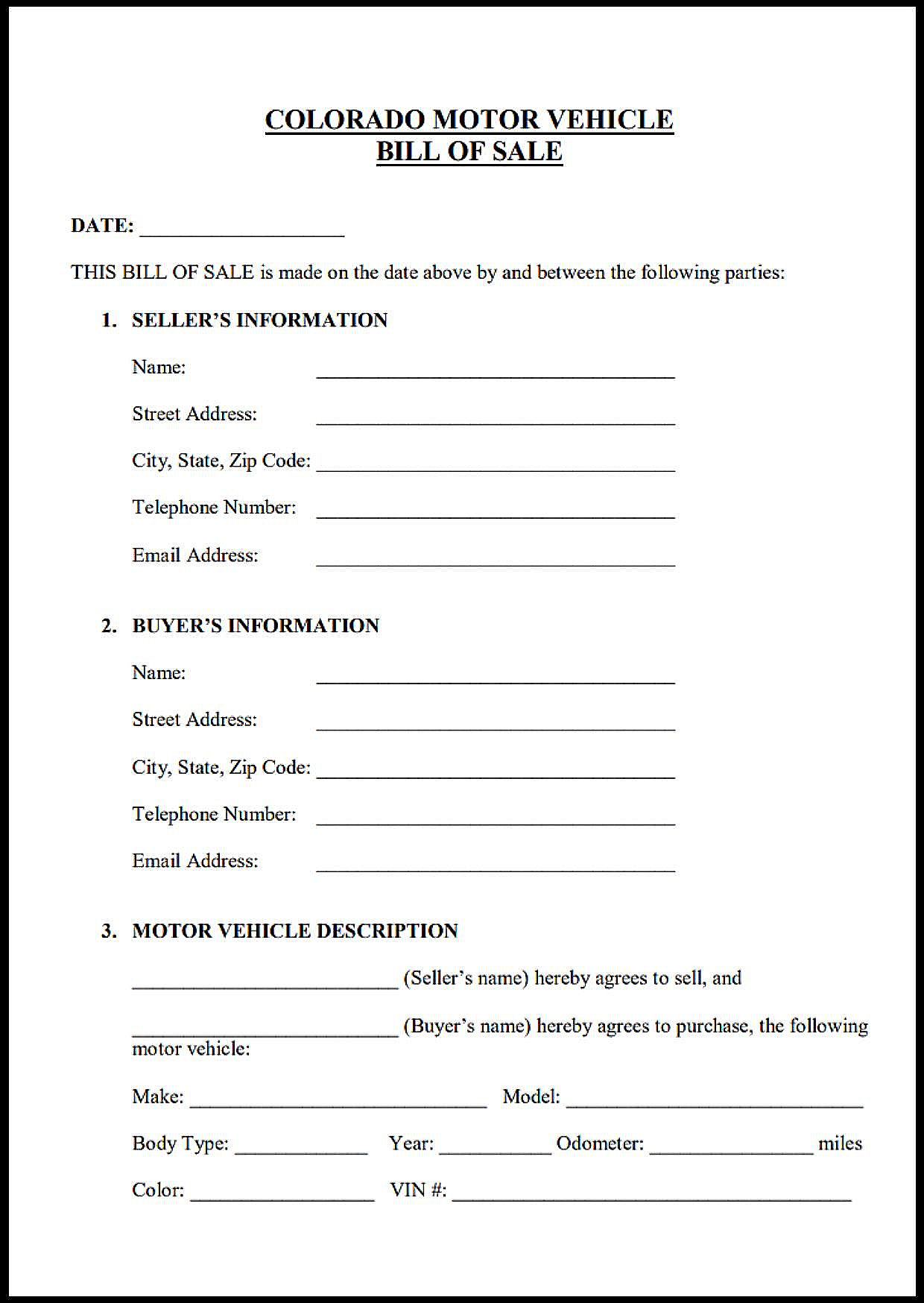 Free Printable Colorado Vehicle Bill of Sale