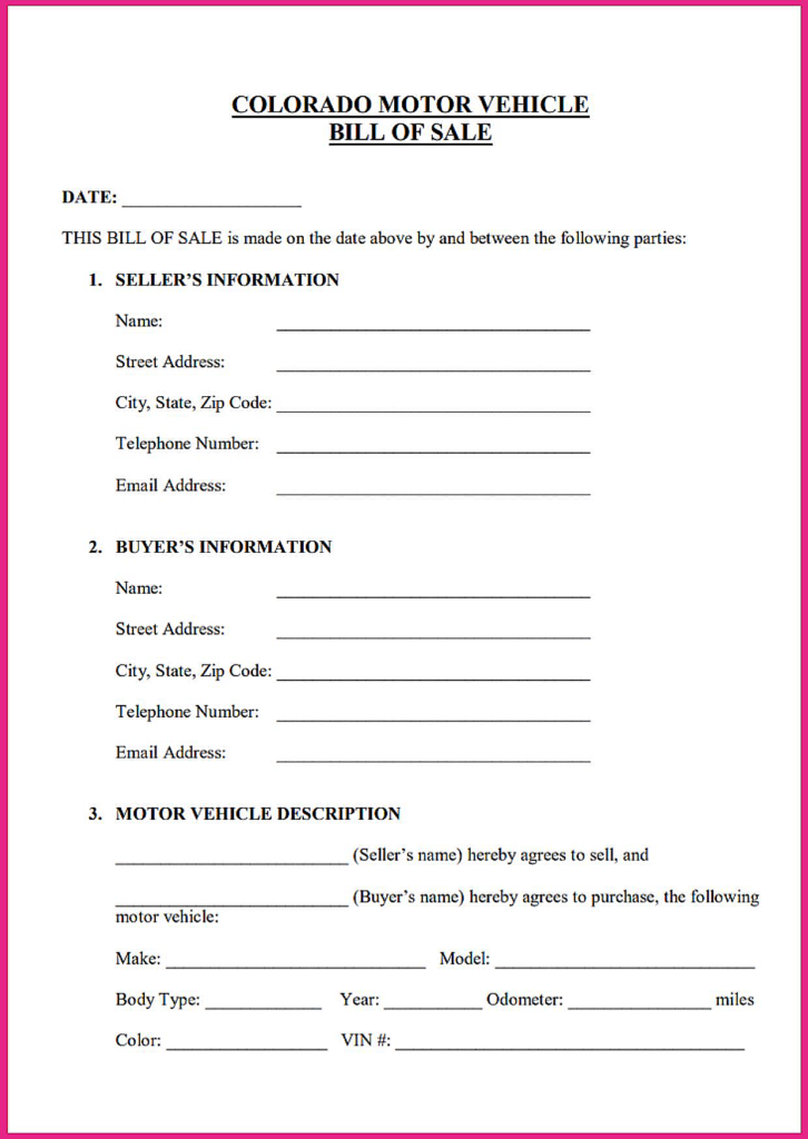 Free Printable Colorado Vehicle Bill of Sale