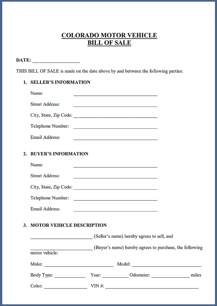 Auto Bill of Sale Colorado PDF