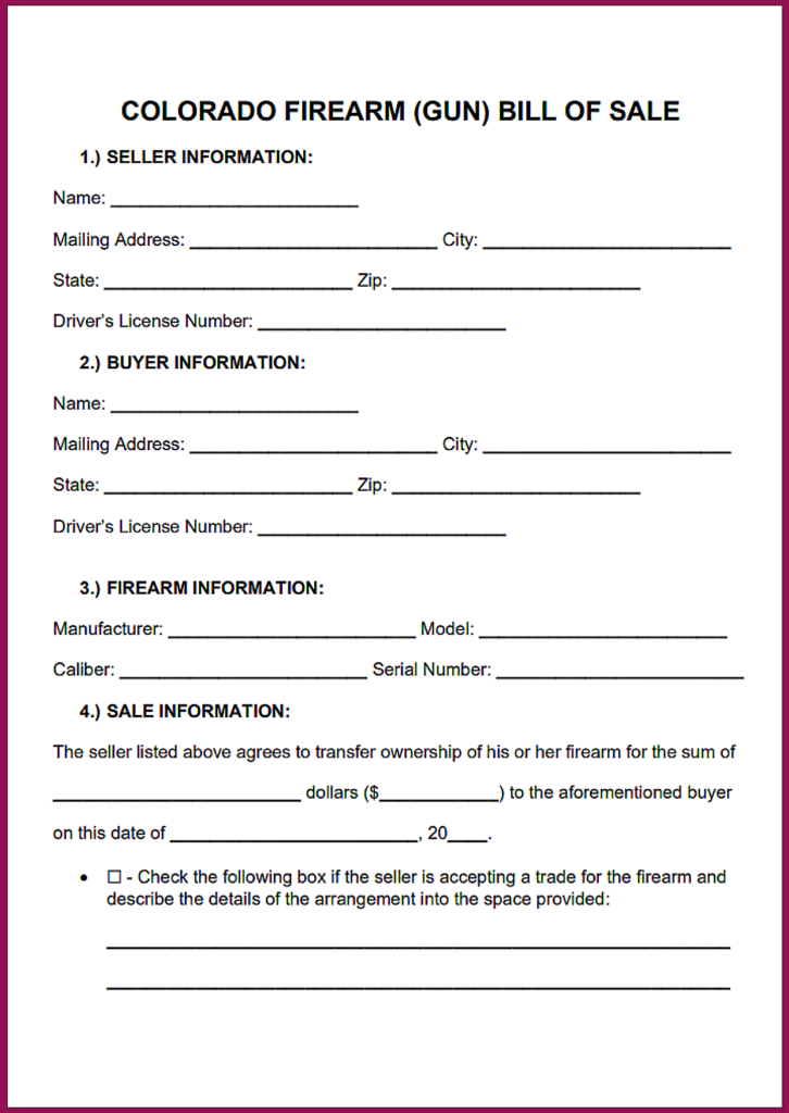 Firearm Bill of Sale Form Colorado