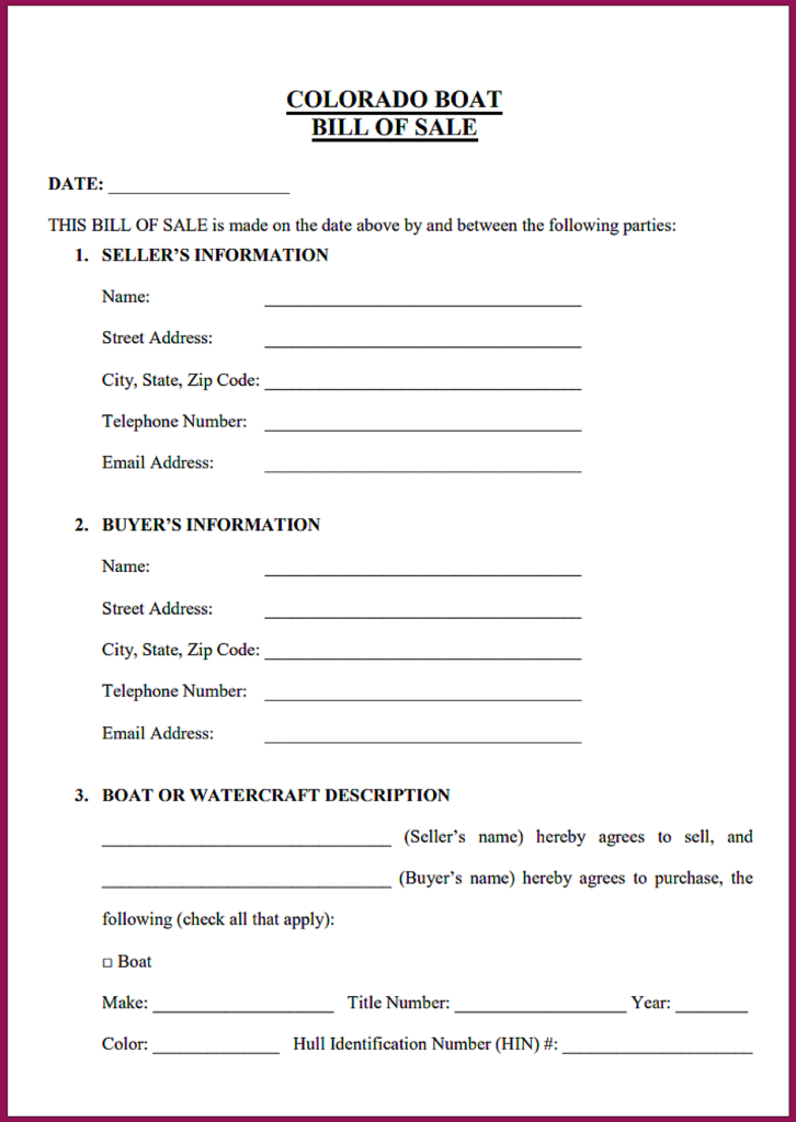 Free Printable Colorado Boat Bill of Sale Templates