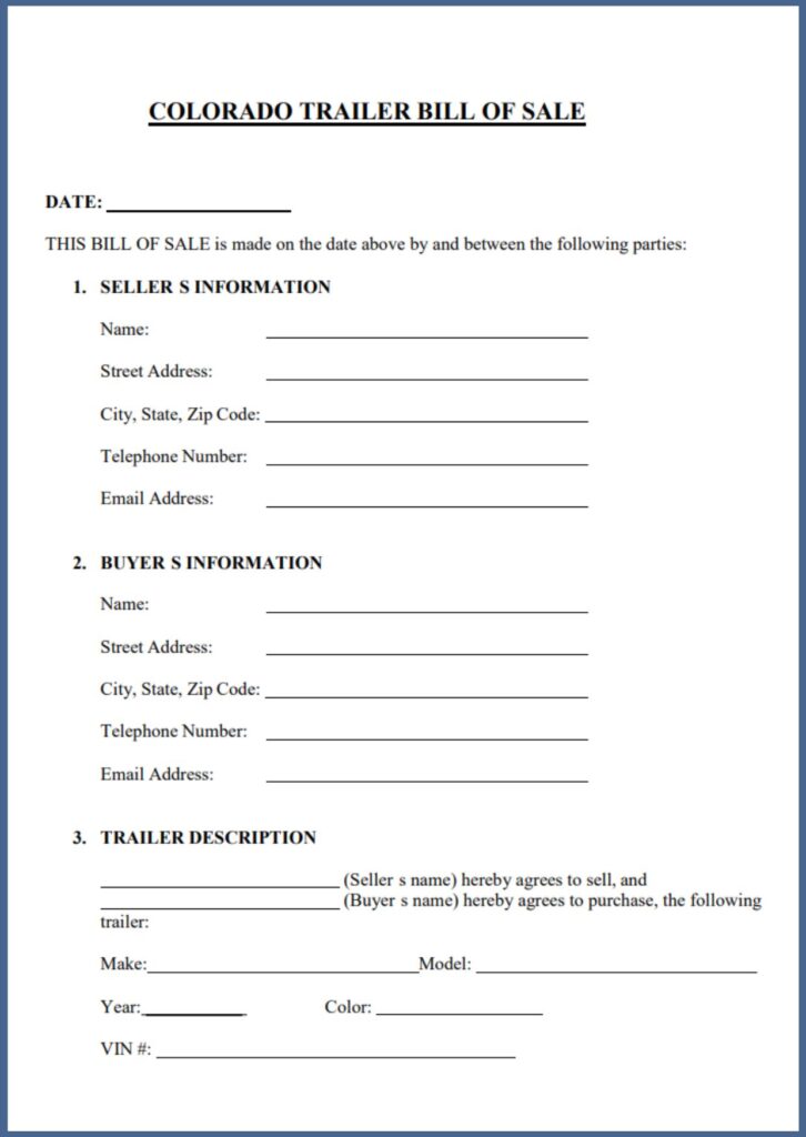 Trailer Bill of Sale Colorado