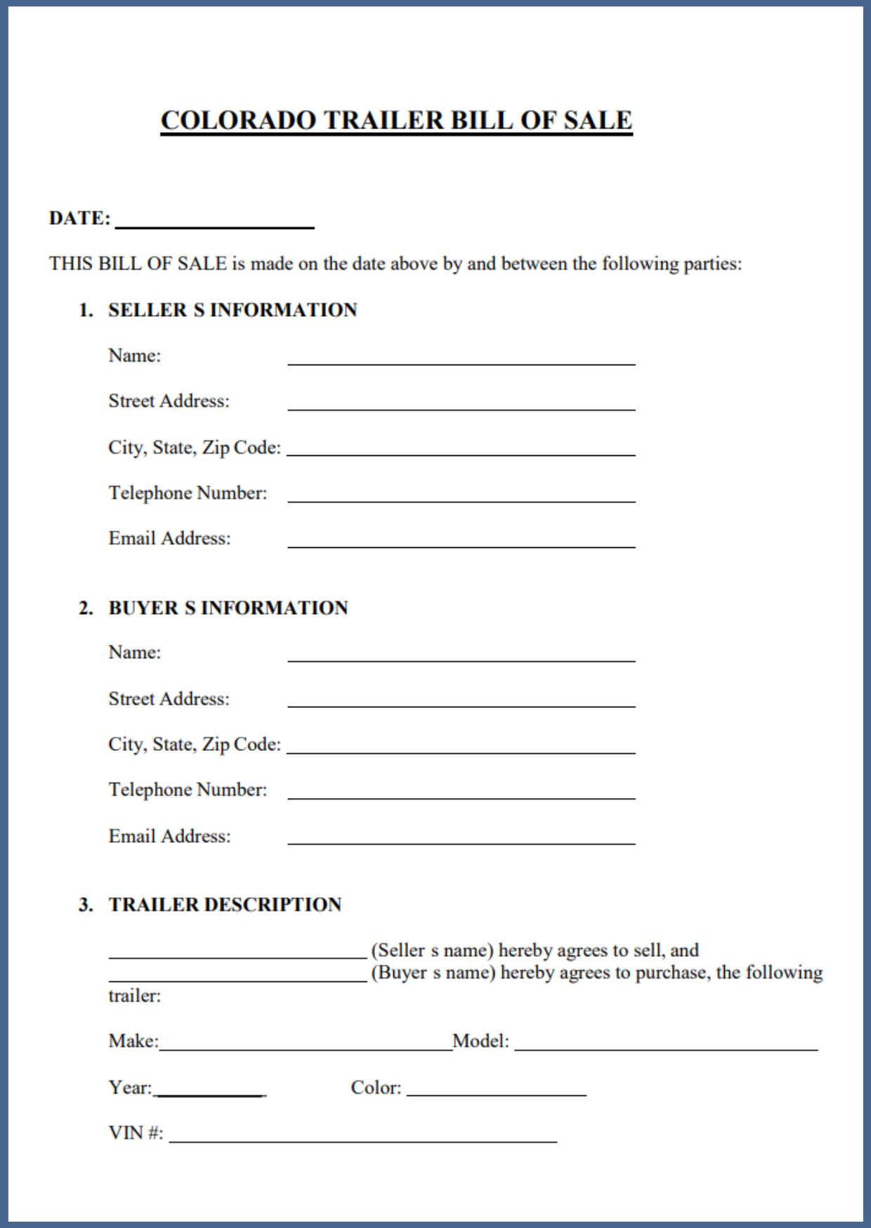Trailer Bill of Sale Colorado [Free PDF Template Download]