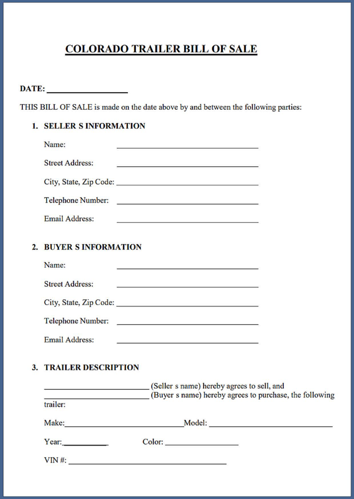 Travel Trailer Bill of Sale Colorado